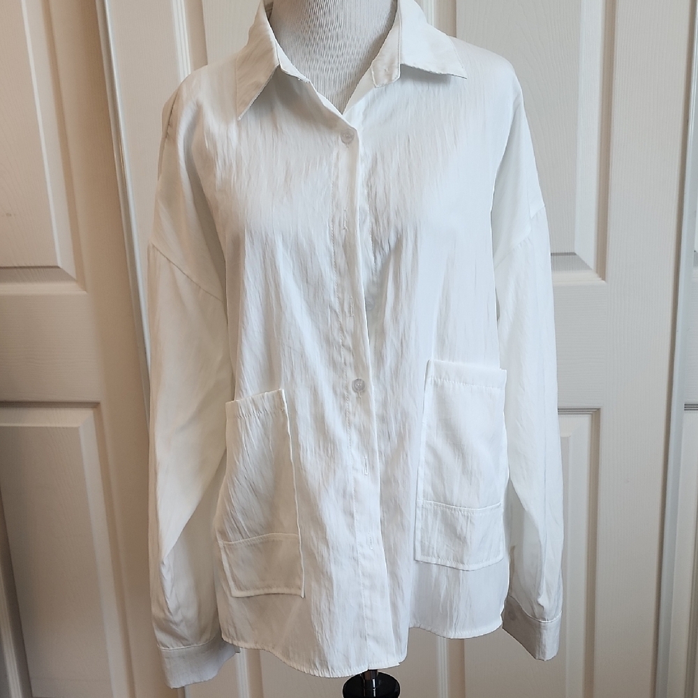 White Button-Up Shirt with Pockets